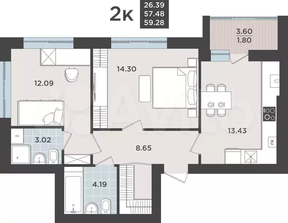 2-к. квартира, 57,5 м, 6/9 эт. - Фото 1