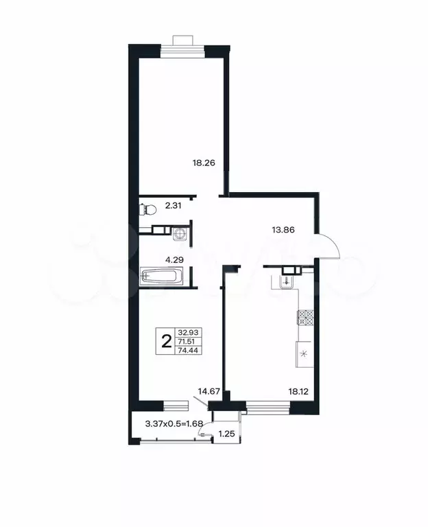 2-к. квартира, 74,4 м, 9/12 эт. - Фото 1