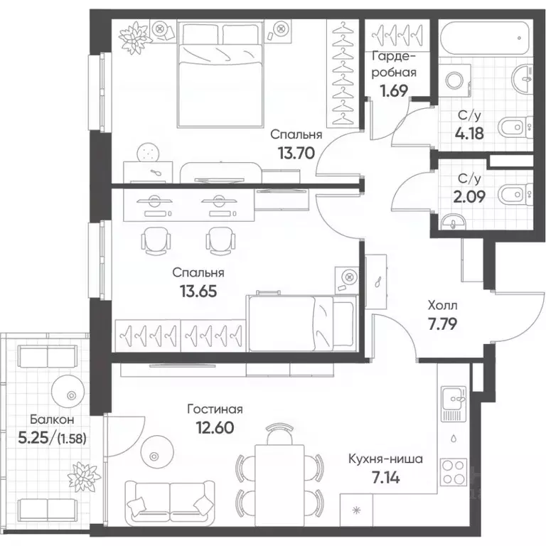 3-к кв. Татарстан, Казань Квартал Сюита жилой комплекс (64.42 м) - Фото 1