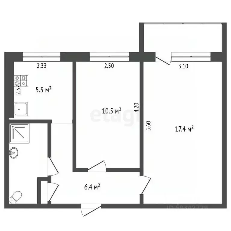 2-к кв. Архангельская область, Архангельск ул. Никитова, 6 (44.6 м) - Фото 1