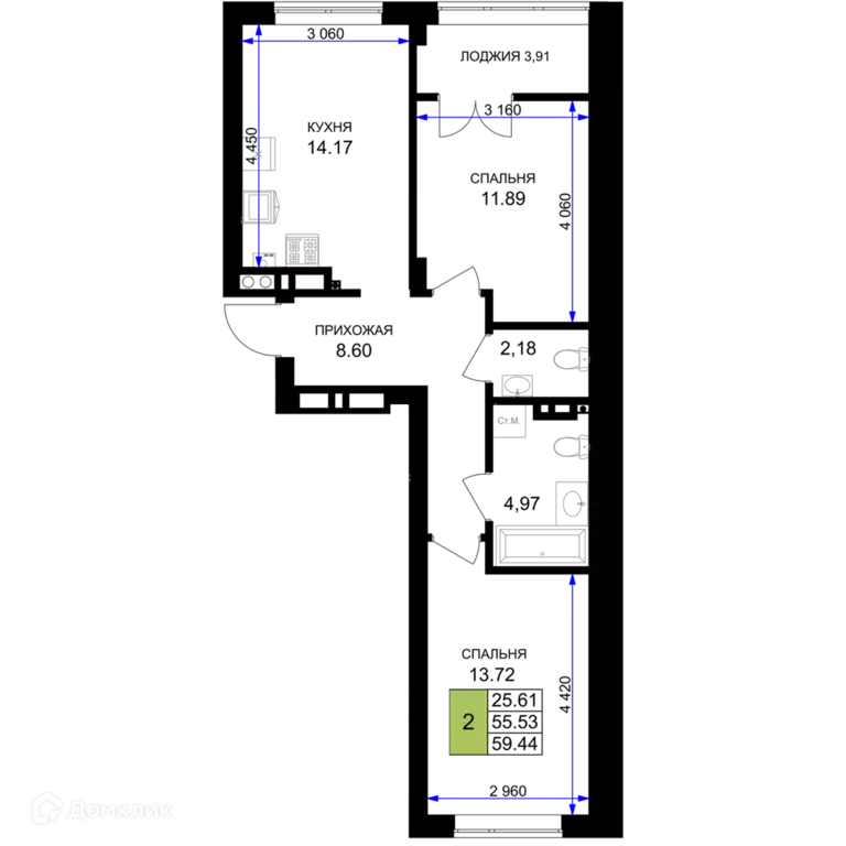 Продаётся 2-к квартира, 59.44 м - Фото 0