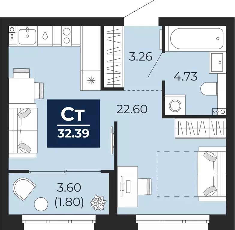 Квартира-студия: Тюмень, Ленинский округ, ЖК Беринг (32.39 м) - Фото 0