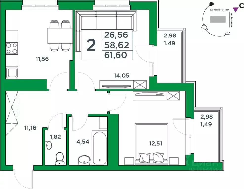 2-к кв. Башкортостан, Уфа Комсомольская ул., 8 (58.62 м) - Фото 1