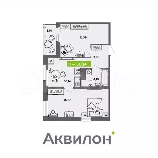 2-к. квартира, 50,1м, 16/16эт. - Фото 1