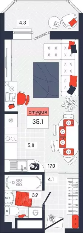 Студия Тульская область, Тула ул. Академика Насоновой, 9 (35.1 м) - Фото 1