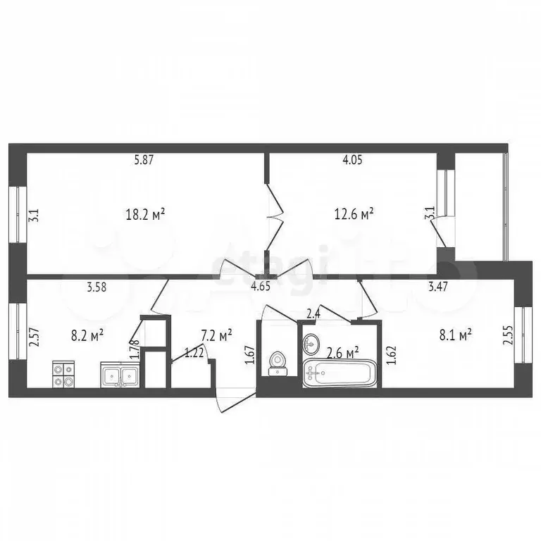 3-к. квартира, 58,9 м, 4/5 эт. - Фото 0