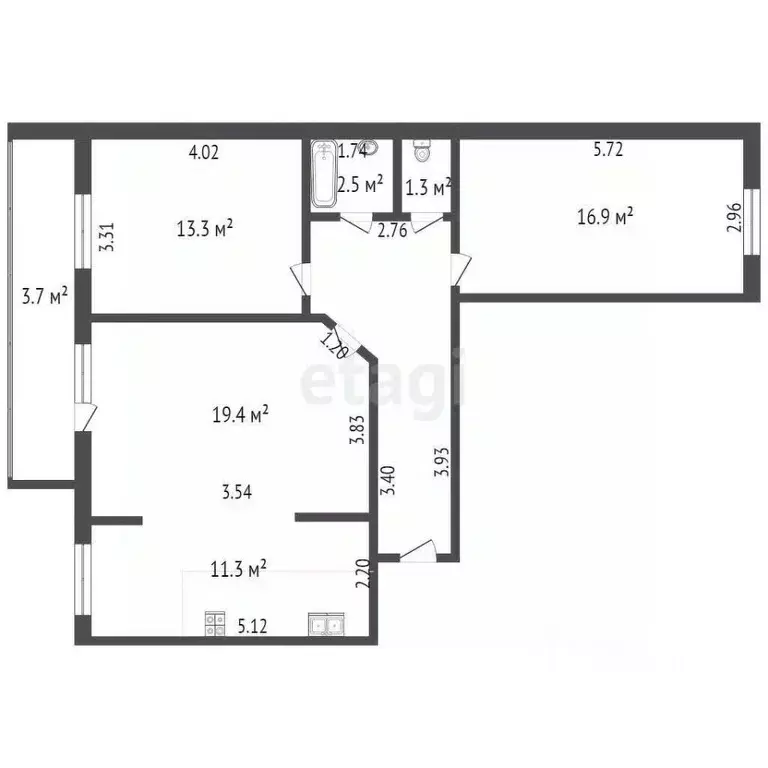3-к кв. Татарстан, Альметьевск ул. Гафиатуллина, 58 (77.7 м) - Фото 1