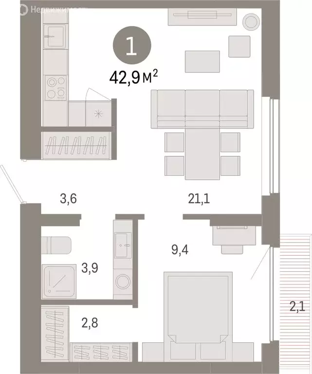 1-комнатная квартира: Новосибирск, квартал Лебедевский (42.9 м) - Фото 1