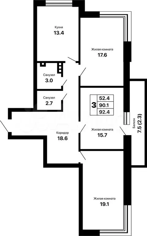 3-к. квартира, 92,4 м, 4/16 эт. - Фото 0