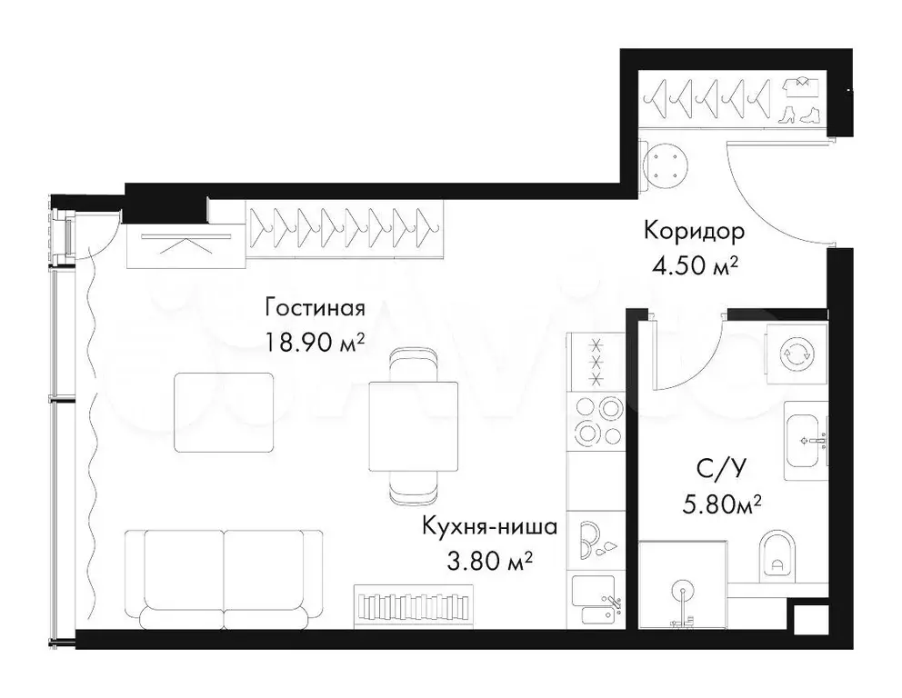 Квартира-студия, 33 м, 37/41 эт. - Фото 1