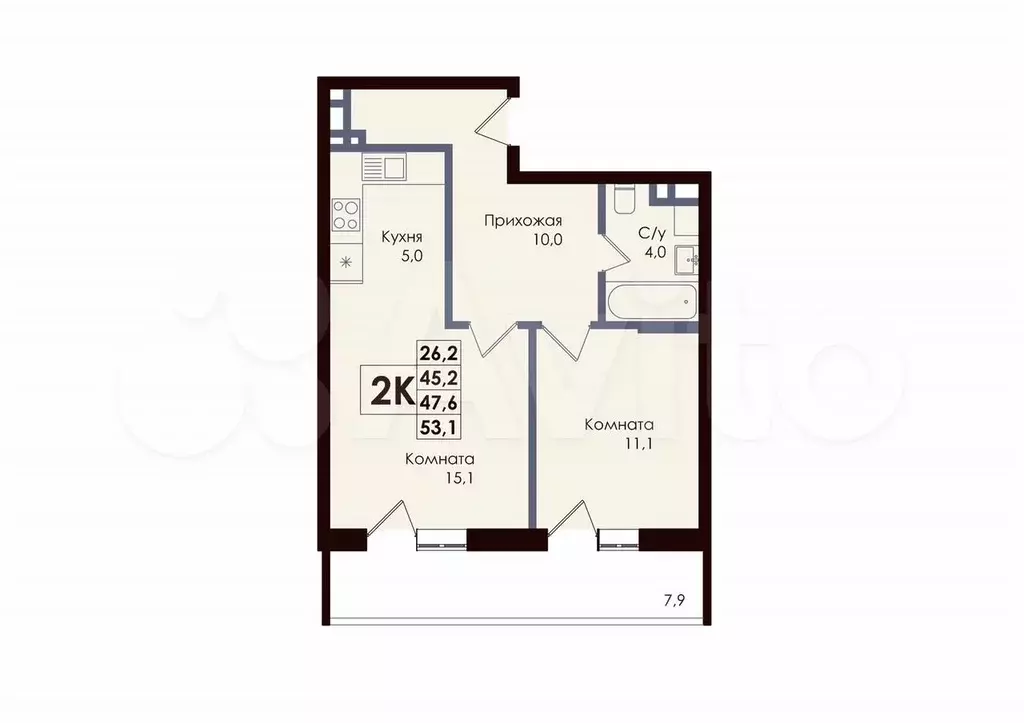 2-к. квартира, 47,6 м, 6/9 эт. - Фото 0