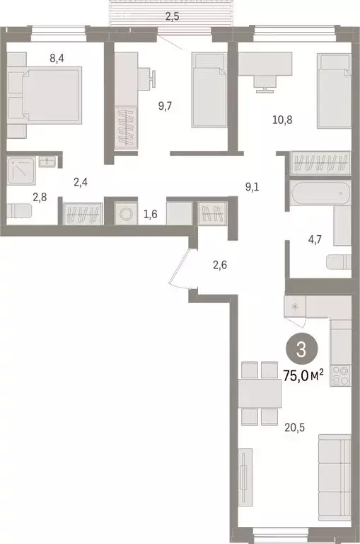 3-комнатная квартира: Новосибирск, улица Аэропорт (75.03 м) - Фото 1