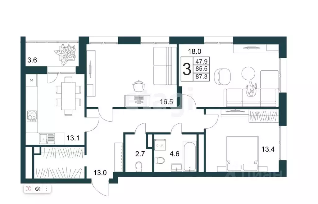 3-к кв. Липецкая область, Липецк Минская ул., 4Вк1 (88.0 м) - Фото 1