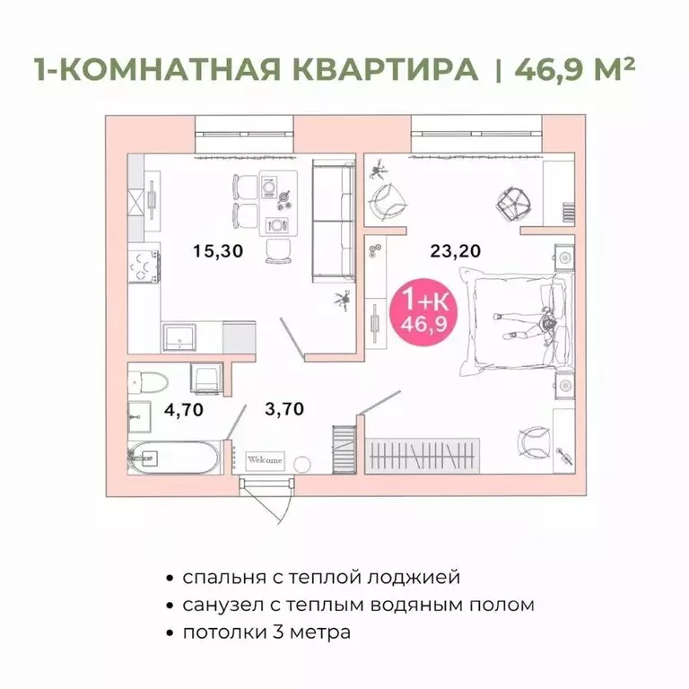 1-к кв. Оренбургская область, Оренбург Ростоши Премьер мкр,  (46.9 м) - Фото 1