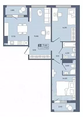 3-к кв. Тюменская область, Тюмень ул. Энергетиков, 42 (71.6 м) - Фото 0