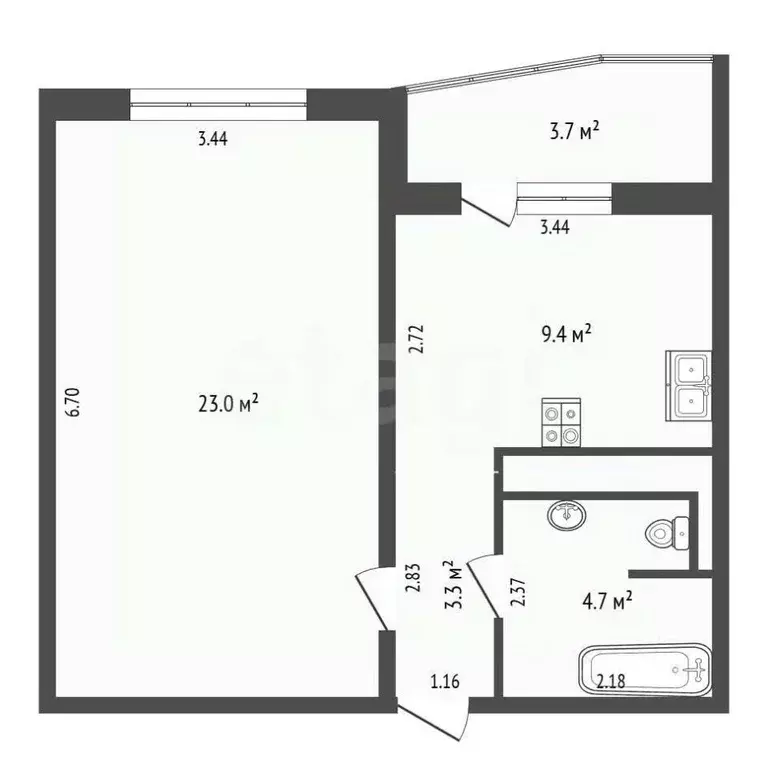 1-к кв. Тюменская область, Тюмень ул. Павла Шарова, 1к1 (37.1 м) - Фото 2