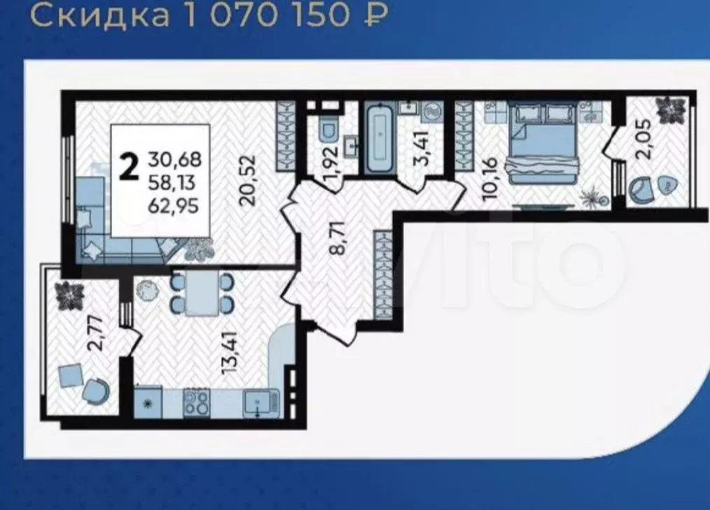 2-к. квартира, 63,6 м, 11/20 эт. - Фото 1