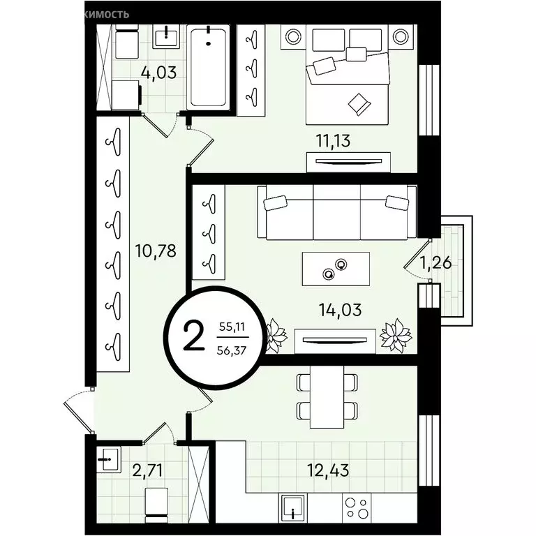 2-комнатная квартира: Тюмень, улица Александра Звягина, 3 (56.37 м) - Фото 0