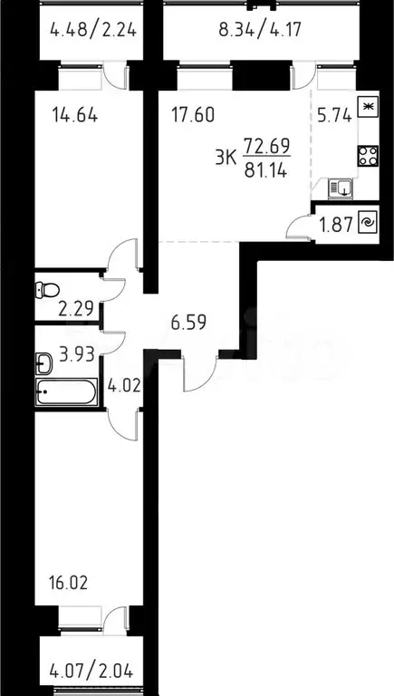 3-к. квартира, 81,1 м, 6/9 эт. - Фото 0