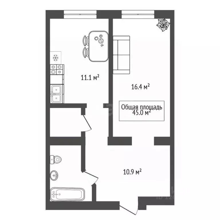 1-к кв. Новосибирская область, Новосибирск ул. Крылова, 48 (45.0 м) - Фото 2