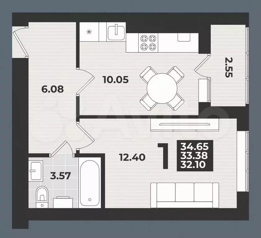 1-к. квартира, 34,7 м, 3/9 эт. - Фото 1