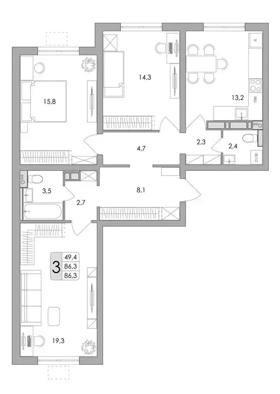 3-комнатная квартира: Воронеж, улица Шишкова, 140Б/16 (86.3 м) - Фото 0