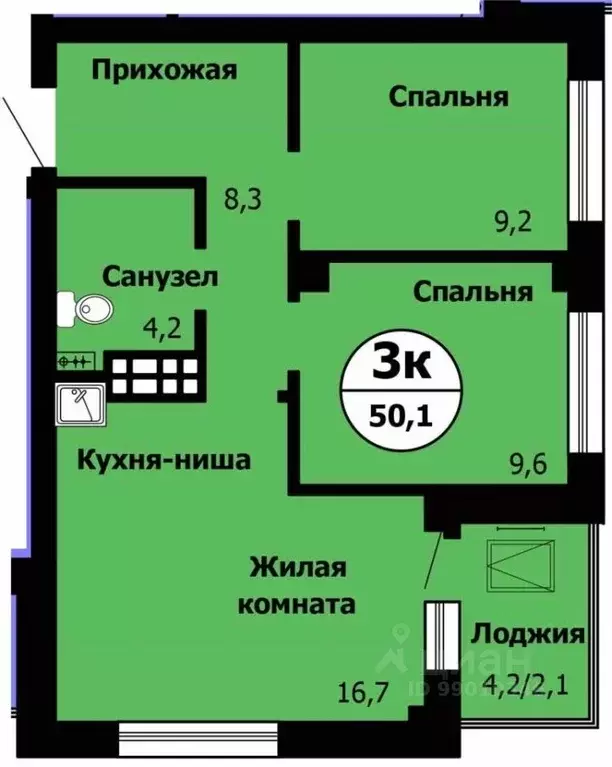 3-к кв. Красноярский край, Красноярск Лесопарковая ул., 43к1 (51.1 м) - Фото 0