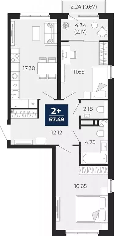 2-комнатная квартира: Тюмень, Камчатская улица, 107к1 (67.49 м) - Фото 1