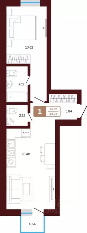 1-к кв. Башкортостан, Иглинский район, с. Акбердино  (44.21 м) - Фото 1