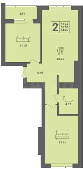 2-к. квартира, 57 м, 2/6 эт. - Фото 1