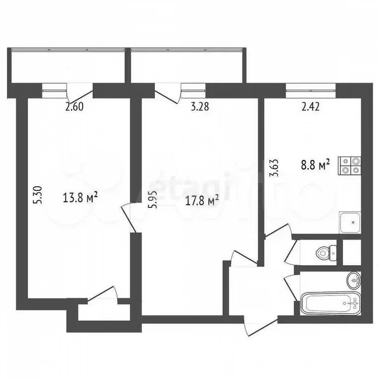 2-к. квартира, 47,4 м, 8/12 эт. - Фото 0