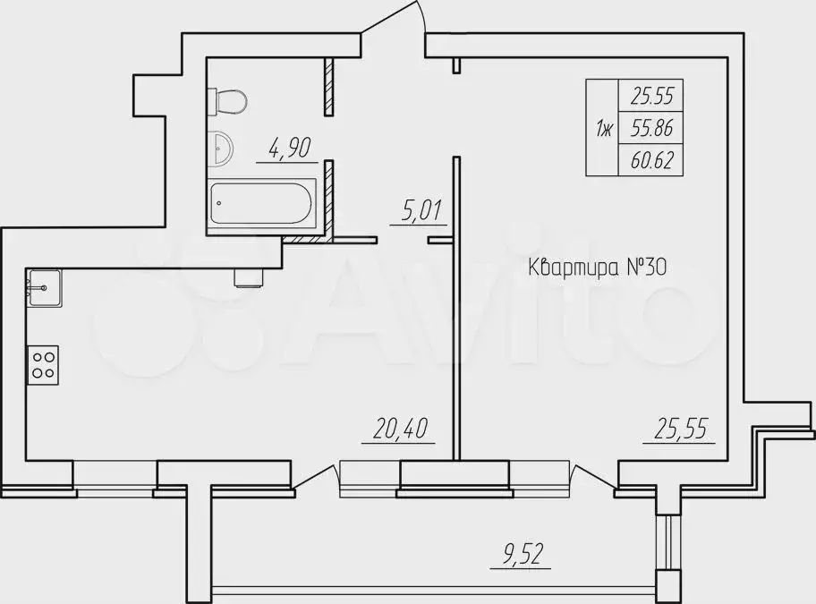 1-к. квартира, 60,6 м, 5/5 эт. - Фото 0