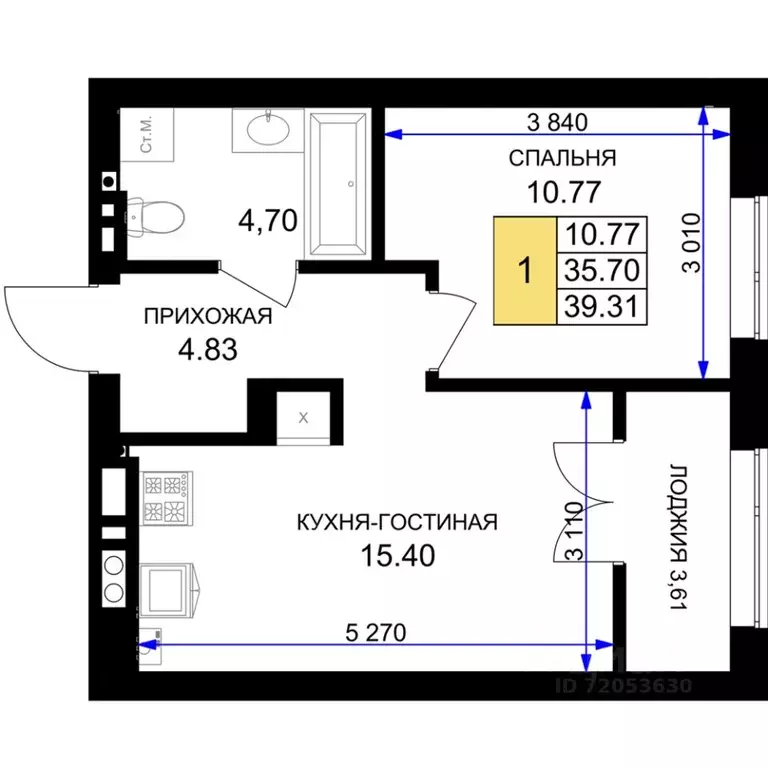 1-к кв. Калининградская область, Гурьевск Включи жилой комплекс (39.31 ... - Фото 0