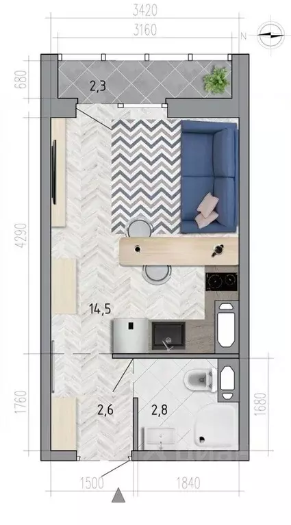 Студия Воронежская область, Воронеж Боровое мкр, Микрорайон Боровое ... - Фото 1