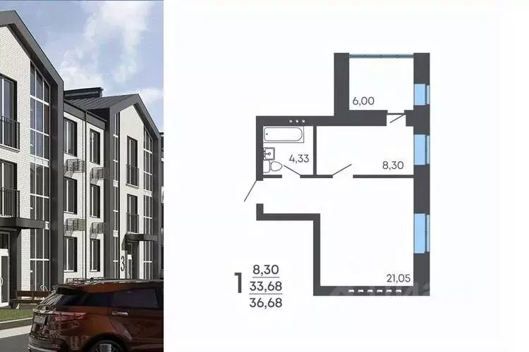 1-к кв. Воронежская область, Семилуки ул. Маяковского, 53/4 (36.68 м) - Фото 1