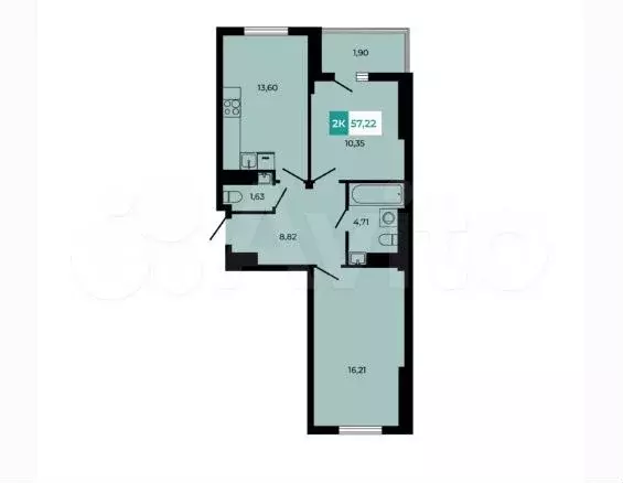 2-к. квартира, 57,1 м, 3/8 эт. - Фото 1