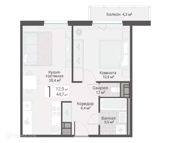 Продаётся 1-к квартира, 44.7 м - Фото 0
