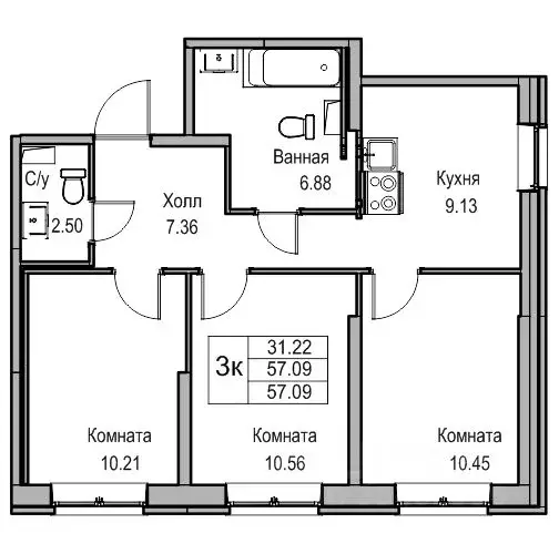 3-к кв. Санкт-Петербург ул. Ивинская, 19к1 (56.7 м) - Фото 0