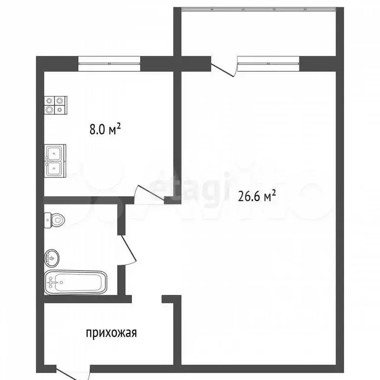 1-к. квартира, 34,6 м, 5/5 эт. - Фото 0