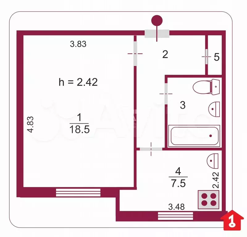 1-к. квартира, 35,1 м, 1/9 эт. - Фото 0
