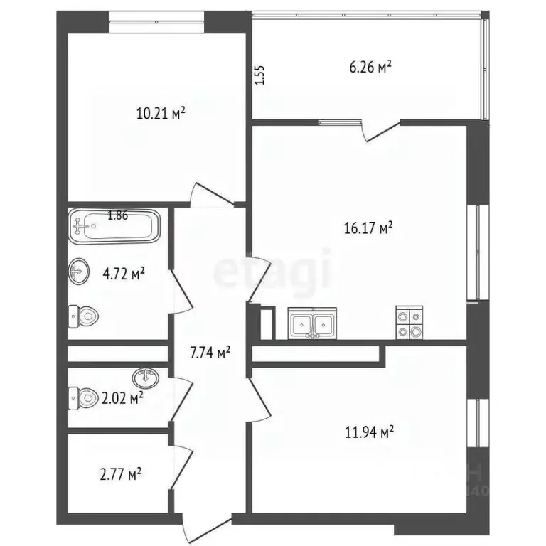 2-к кв. Тюменская область, Тюмень ул. Монтажников, 59 (55.6 м) - Фото 2