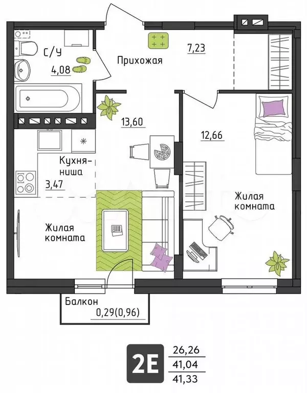 2-к. квартира, 41,3 м, 1/4 эт. - Фото 0