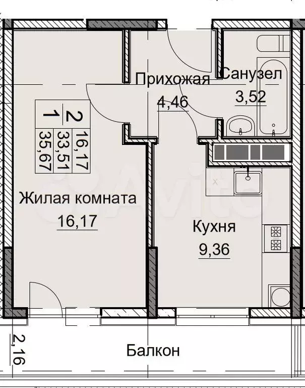 1-к. квартира, 35,7 м, 4/8 эт. - Фото 0