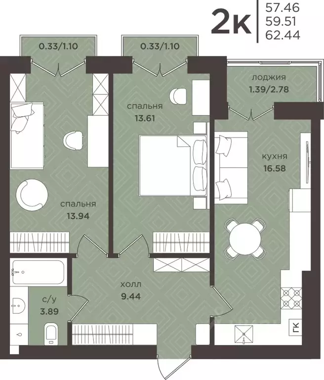 2-к кв. Калининградская область, Гурьевск  (59.51 м) - Фото 1