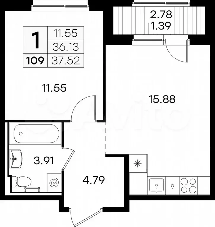 1-к. квартира, 37,5 м, 1/9 эт. - Фото 0