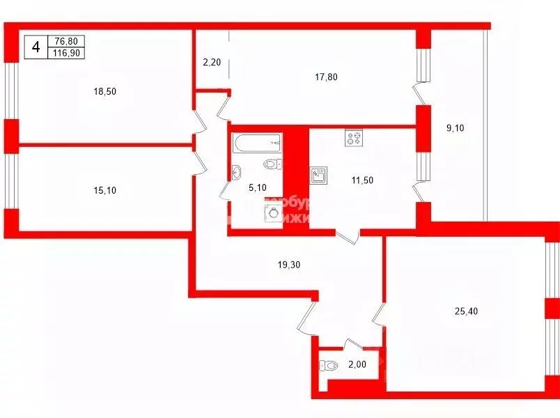 4-к кв. Санкт-Петербург Ленинский просп., 51 (116.9 м) - Фото 2