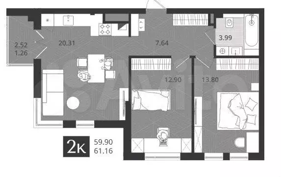 2-к. квартира, 59,9 м, 1/4 эт. - Фото 1