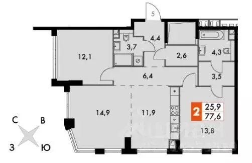 2-к кв. Москва Сидней Сити жилой комплекс, к5/1 (77.6 м) - Фото 0