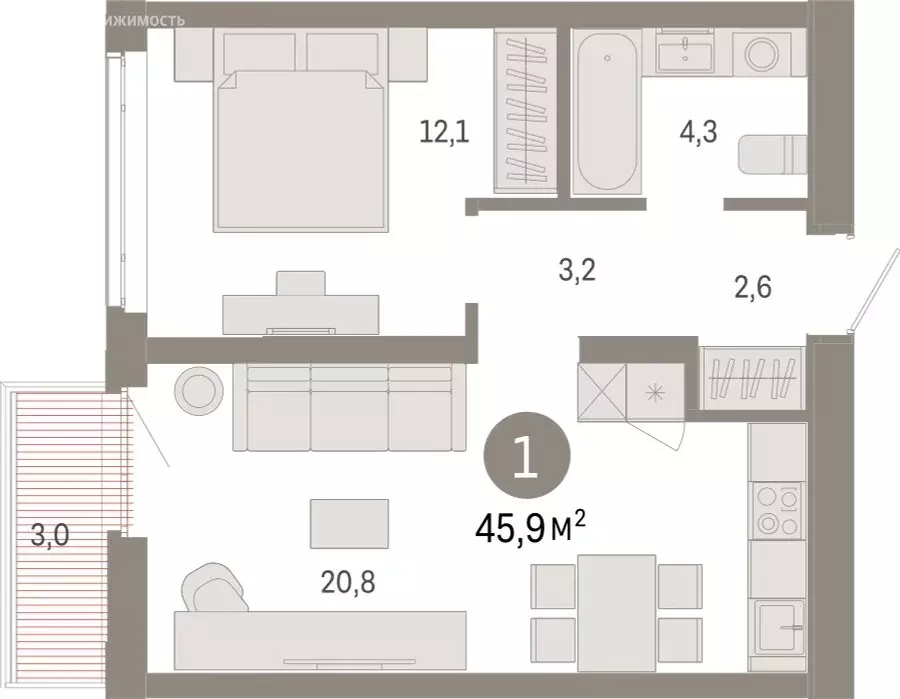 1-комнатная квартира: Тюмень, Ленинский округ (45.89 м) - Фото 1