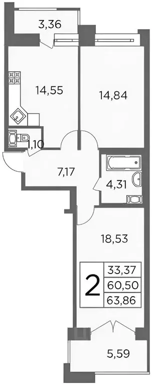 2-к кв. Санкт-Петербург ул. Александра Матросова, 8к1 (62.0 м) - Фото 1